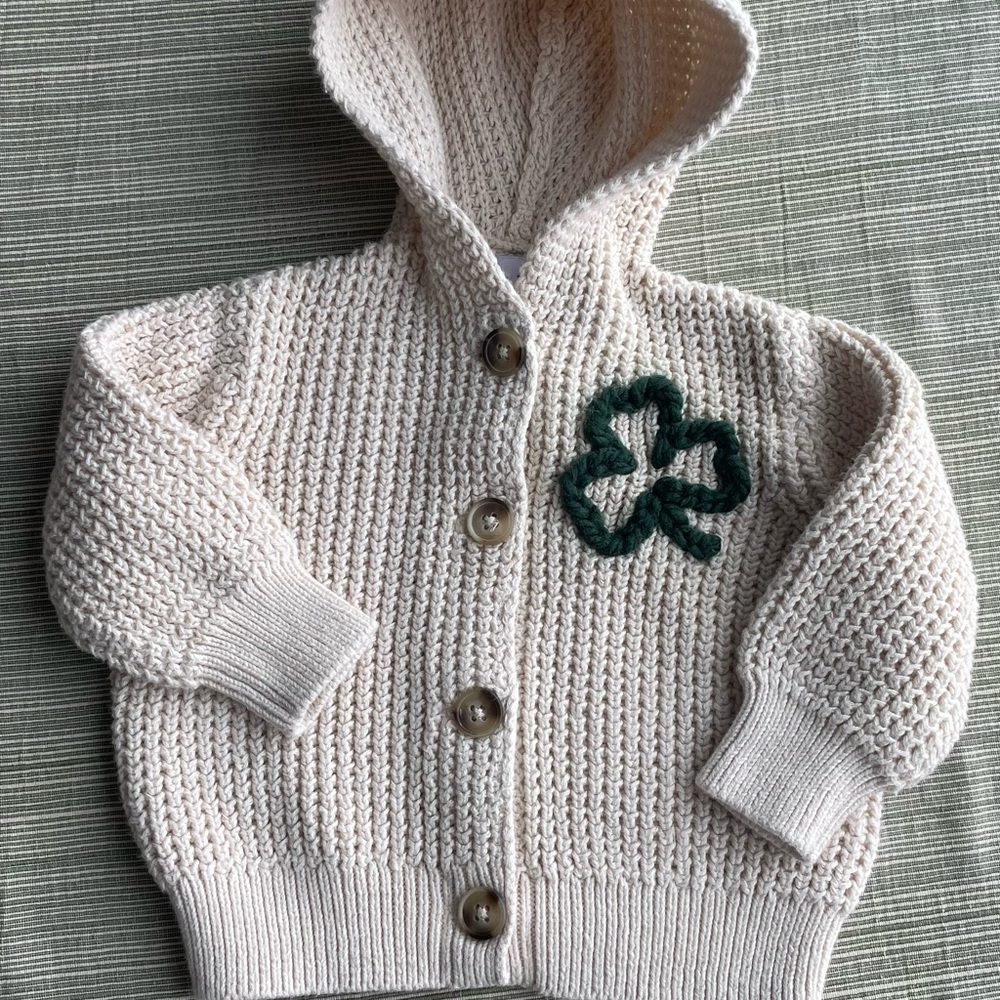 Cream Knit Baby Cardigan with Green Clover